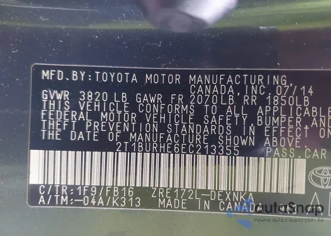 2014 Toyota Corolla Le из США, поврежденный, VIN 2T1BURHE6EC213355